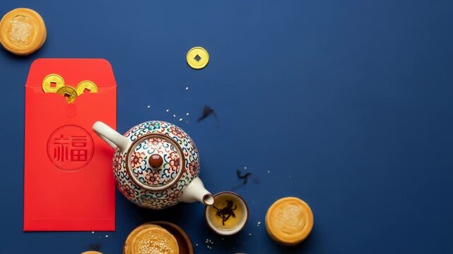 Blue backdrop featuring red envelope, ornate teapot, pastries, loose tea, and coins