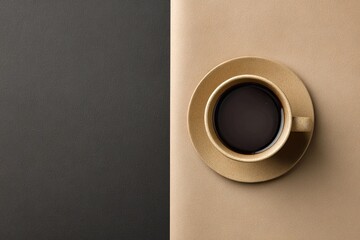 Overhead view of a black coffee cup on a two-tone background.