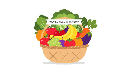Fresh Vegetable and Fruit Basket Illustration for World Vegetarian Day Celebration and Promotion of Healthy Vegan Lifestyle Choices and Sustainable Dietary Practices