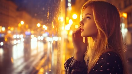 Beautiful Blonde Woman Night City Lights Bokeh Background