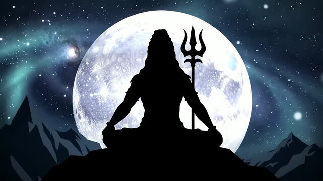 Lord Shiva Wallpaper in Meditative Pose Under a Full Moon with Mountains