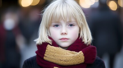 Portrait of a Young Girl with Blonde Hair and Red and Gold Scarf