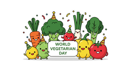Cheerful Cartoon Vegetables Celebrating World Vegetarian Day with Party Hats and Confetti, Ideal for Promoting Vegetarianism and Healthy Eating Habits