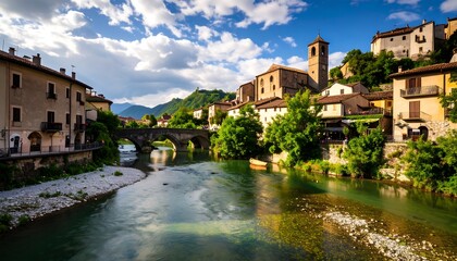 A picturesque river flows through a charming Italian town, lined with historic buildings and lush greenery under a vibrant sky.