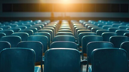 Obraz premium Empty Auditorium with Rows of Plastic Chairs and Soft Sunset Light