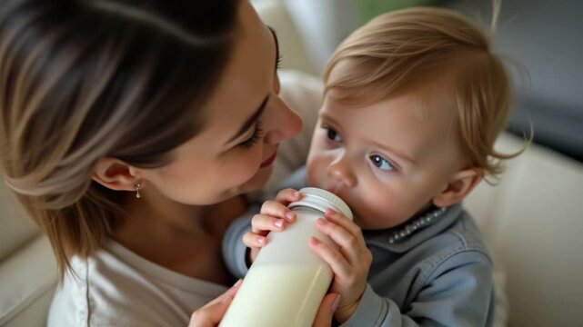 High angle view shot, Beautiful young mother holds her little son gently in her arms, holding the bottle of milk firmly as he drinks. The atmosphere in the house is full of love and warmth.