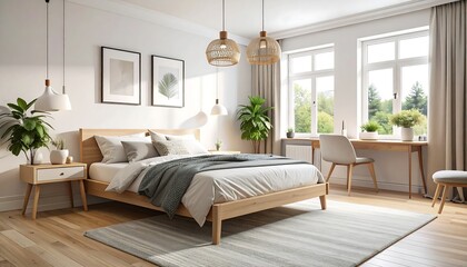 Modern bedroom with natural light and wooden furniture