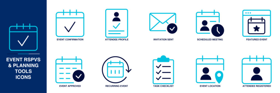 Event RSVPs & planning tools Blue Colored Outline Icon Set