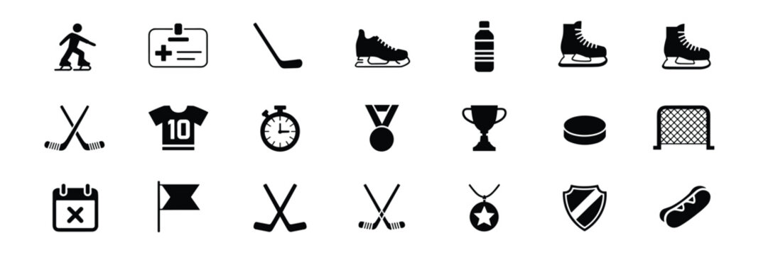 Ice Hockey Icon Set &ndash; Black Line Icons for Equipment, Players, Matches, and Sports Branding