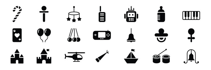 Baby Essentials Icon Set – Black Line Icons for Infant Care, Nursery Items, and Childhood Accessories