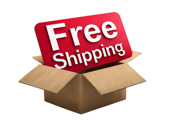 3D delivery box with lid open, floating "Free Shipping" sign above, clean white background..