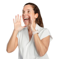 Woman shouting and calling out, isolated on white background