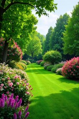 Lush green landscape featuring diverse flowering shrubs and mature trees, creating a vibrant and tranquil garden scene Perfect for landscaping, gardening, and nature websites , design, meadow