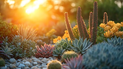 Close-up a succulent garden vibrant orange sunset light and diverse plants Keywords: succulents, cacti, agave