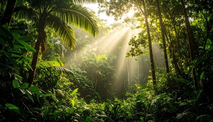 Sunlight Filtering Through Lush Jungle Canopy.