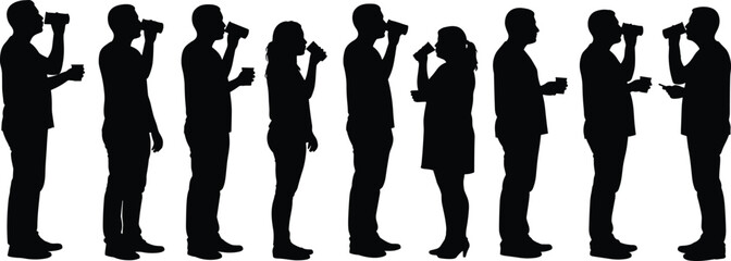 Silhouettes of Men and Women Drinking from Glasses, Standing in Line, Vector Illustration for Social Events, Party, Celebration, Lifestyle, Beverage Concept