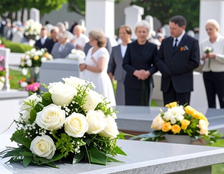 A bouquet of white roses sits on a grave, commemorating a solemn occasion with mourners in the background.