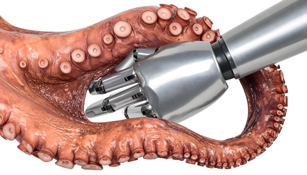 Photorealistic Octopus Tentacle Shaking Hands with Futuristic Robotic Hand Underwater, Symbol of Intelligence and Technology Isolated White