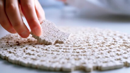 A person placing the final piece of a white puzzle on a table, surrounded by a completed puzzle base