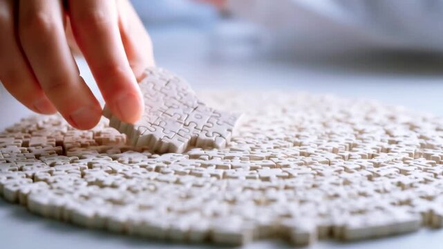 A person placing the final piece of a white puzzle on a table, surrounded by a completed puzzle base
