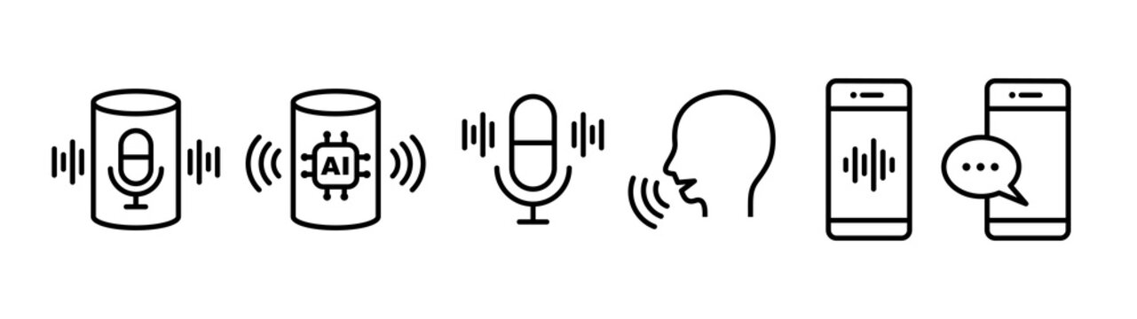 Voice assistant and smart speaker concept icon set. Black color outline icon on white background.