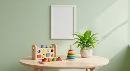 Cozy children's play area with wooden table toys and a potted plant featuring a blank picture frame on the wall