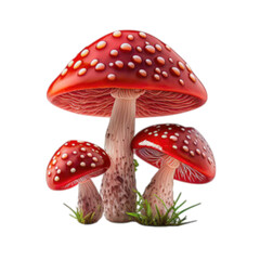 Three red amanita muscaria mushrooms isolated on white background