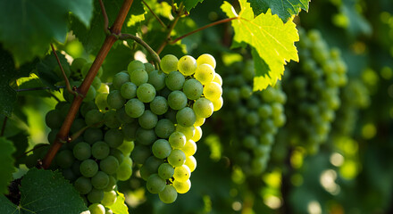 Fototapeta premium Clusters of ripe, green grapes hang from lush vines in a vineyard, surrounded by vibrant green leaves on a sunny afternoon.