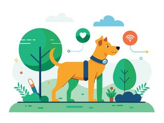 Smart dog wearable device tracking pet health and location in a modern park scene
