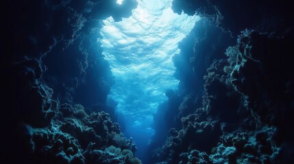 Underwater coral cave tunnel. Sunlight streams in