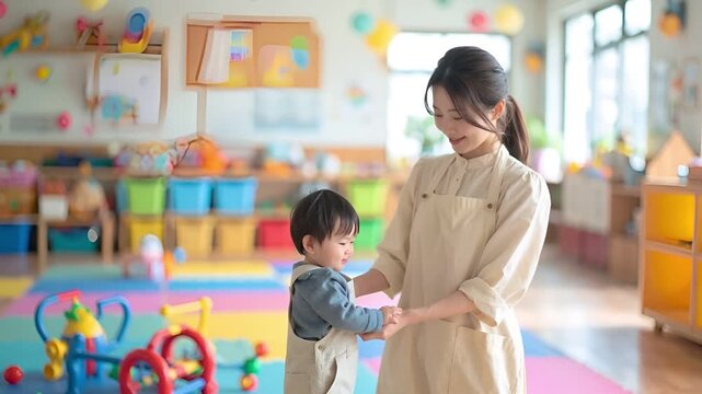 若い日本人女性が小さな子どもと手をつなぎ、優しく微笑んでいます。
クリーム色のエプロンを着用し、カジュアルな服装です。