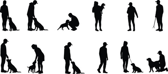 Silhouettes of People Interacting with Dogs in Various Poses Walking, Sitting, Training, Playing, and Holding Pets in Different Scenes