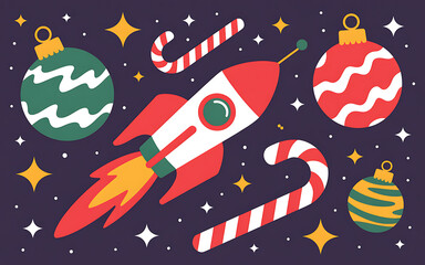 Fototapeta premium Christmas Rocket with Ornaments and Candy Canes – Festive Space Holiday Art