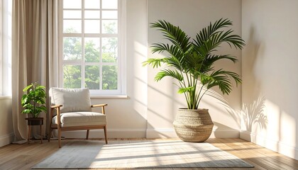 sunny living room with houseplants and cozy chair