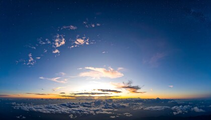 Fototapeta premium Panoramic sunrise over clouds