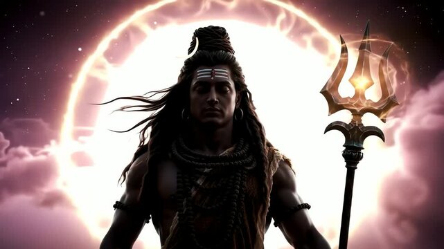 Lord Shiva Wallpaper - Majestic Portrait of the Hindu Deity with Trishul and Glowing Aura