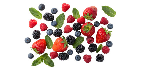 Scattered fresh berries and mint leaves isolated on transparent background