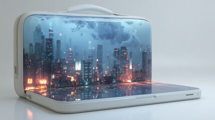 Fototapeta premium Laptop displaying cityscape reflection