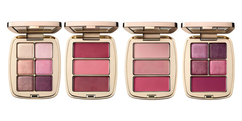 Four makeup palettes with eyeshadow and blush isolated on transparent background