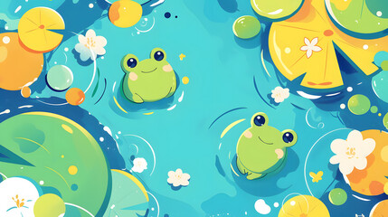 flat vector style abstract background cute frog on water