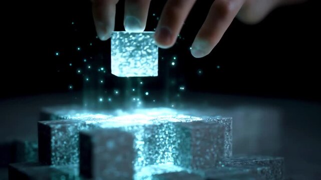 A hand manipulating a glowing cube above a stack of shimmering blocks, with a futuristic background of light