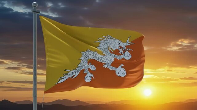 AI-generated Bhutan national flag waving proudly on a tall pole at sunrise with bright colorful sky