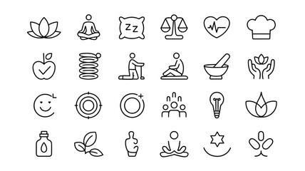 Fototapeta premium Wellness & lifestyle icon set — yoga, meditation, healthy food, relaxation symbols