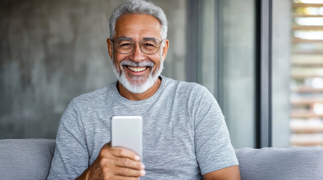 Smiling elderly man using smartphone, enjoying technology and social media - Powered by Adobe