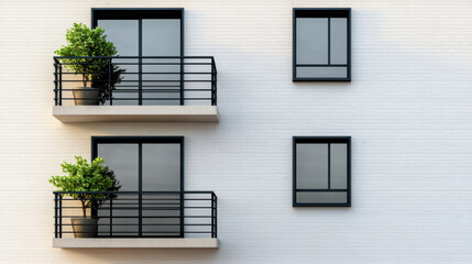 Fototapeta premium Modern balcony design with potted plants and sleek windows enhances urban living aesthetics