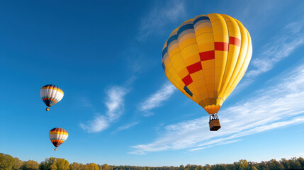 Fototapeta premium Bright hot air balloons soar against clear blue sky, creating joyful scene