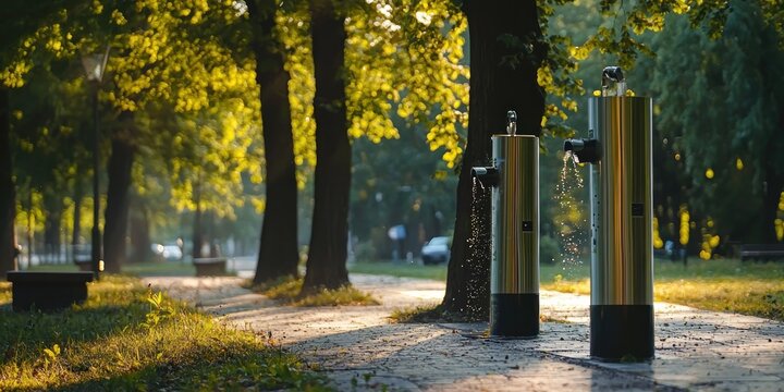 A public park with smart drinking fountains using AI-powered water purification