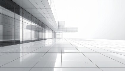 Futuristic Minimalist Architecture with White Porcelain Surfaces, Symmetrical Modern Hallway, Clean Geometric Design
