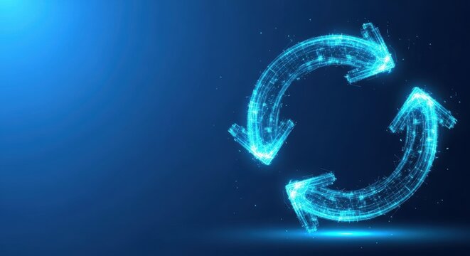 A glowing blue circular arrow symbol on a dark blue background indicating recycling or refresh process