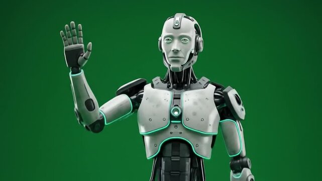 A futuristic humanoid robot with a sleek silver and black design, standing upright while waving its hand. The robot features realistic mechanical details, glowing teal neon accents, and a green screen